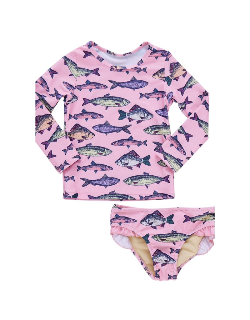 Girls Rash Guard Set - Pink Multi Fishies