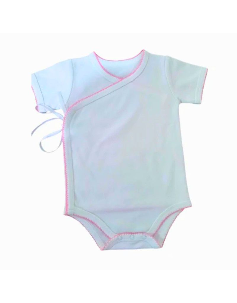 SS Kimono Onesie, White With Pink Trim