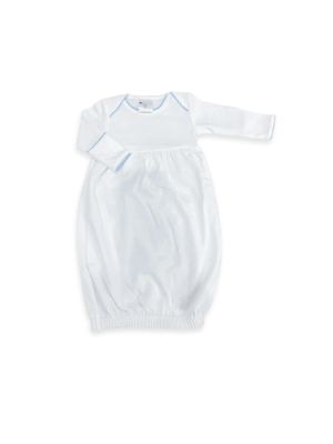 White Yoke Front LS Day Gown, Blue Picot Trim