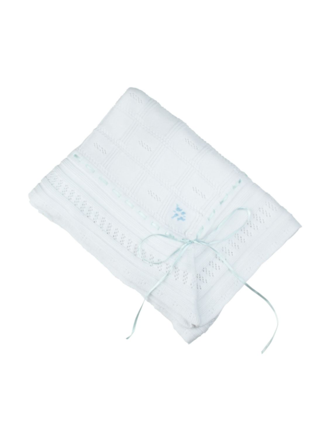White w Blue Ribbon Pointelle Knit Blanket