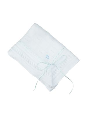 White w Blue Ribbon Pointelle Knit Blanket