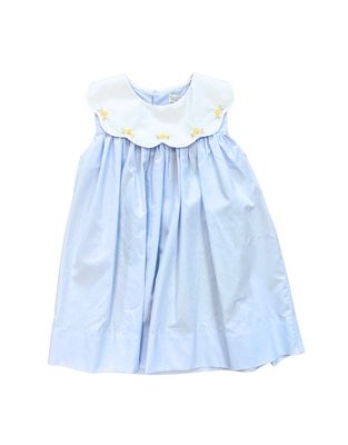 Blue Dress, Scallop Collar with Flower Emb