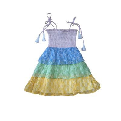 Smocked Bodice Tier Dress, Multi Block