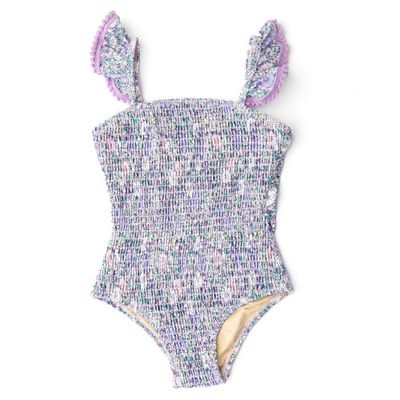 Smocked 1 Piece Swim, Flower Power Purple