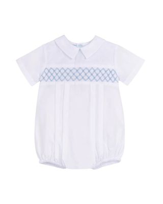 Boys Signature Smocked Romper, White/Blue