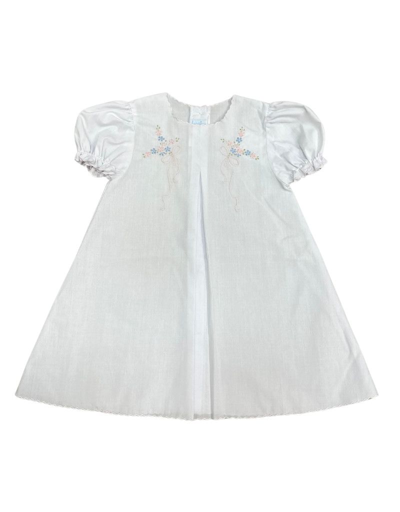 White Scallop Day Gown with Bow/Satin Flower Embroidery
