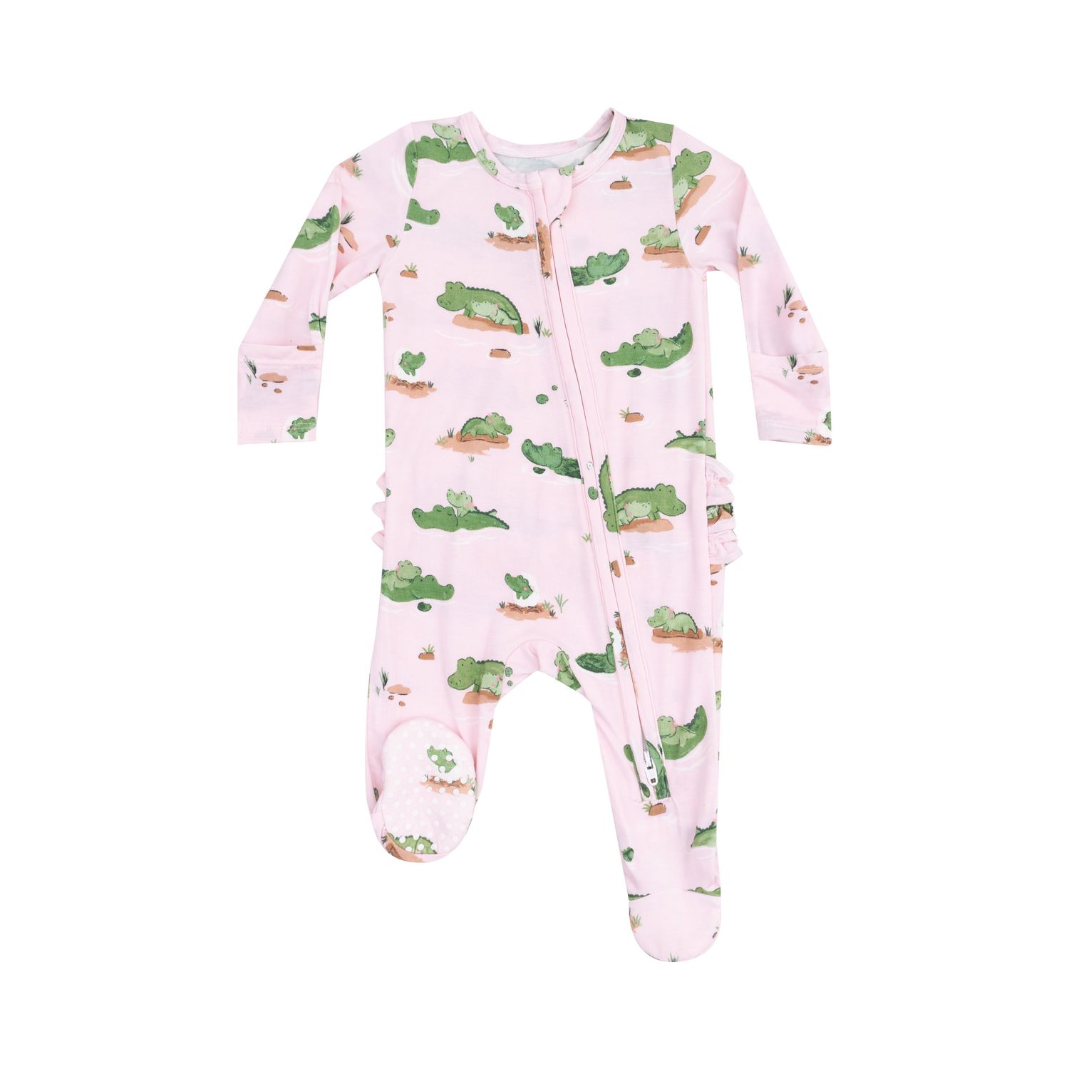 Alligator Pink 2 Way Zipper Ruffle Back Footie