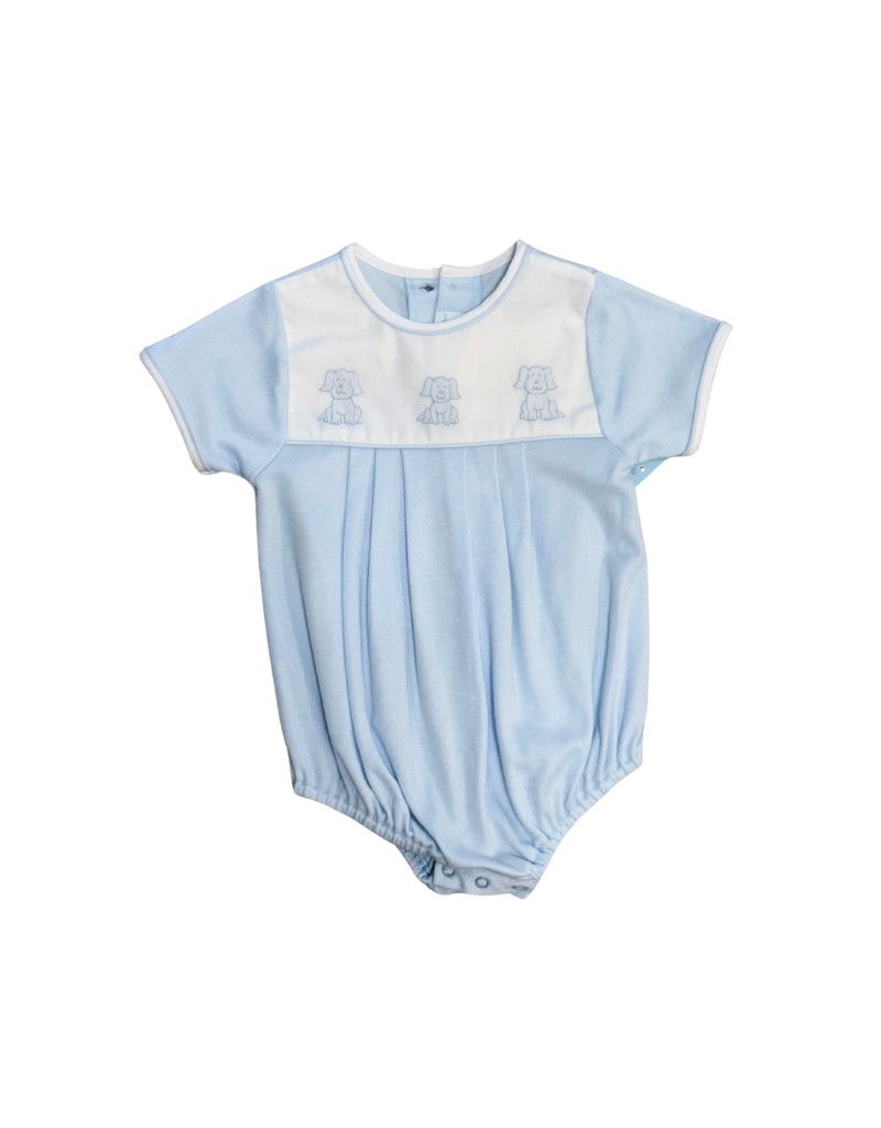 Knit Blue Pleat Bubble with Puppy Embroidery