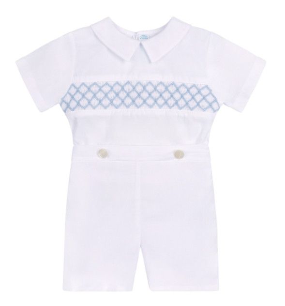 Signature Smocked Bobby Suit, White/ Blue