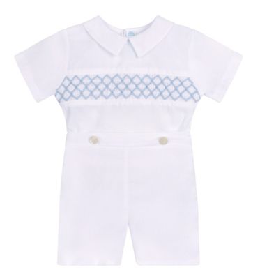 Signature Smocked Bobby Suit, White/ Blue