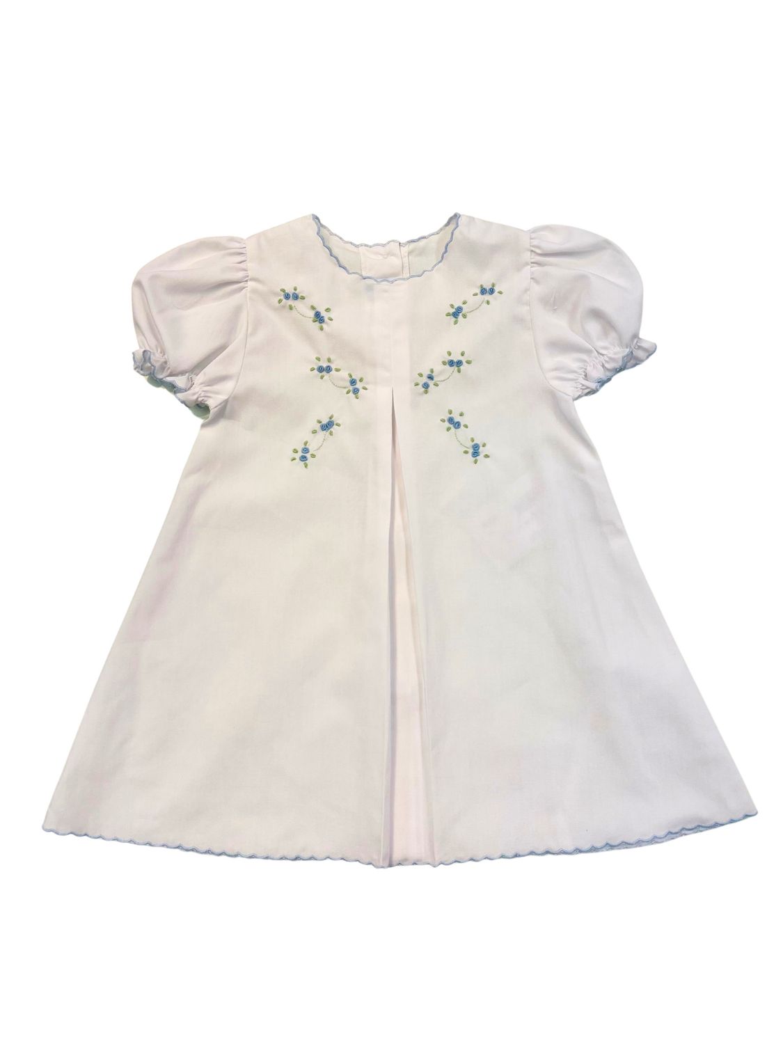 White Baby Dress with Blue Tiny Bud Embroidery