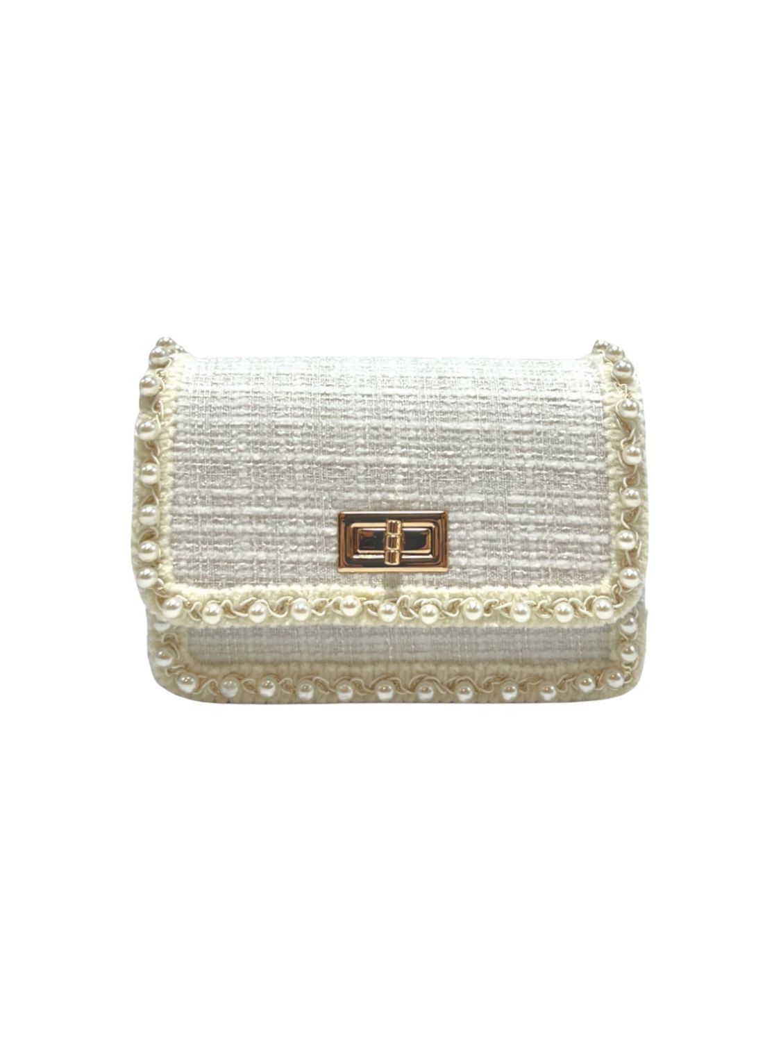 Pearl Trim Tweed Purse, White