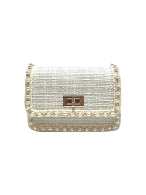 Pearl Trim Tweed Purse, White