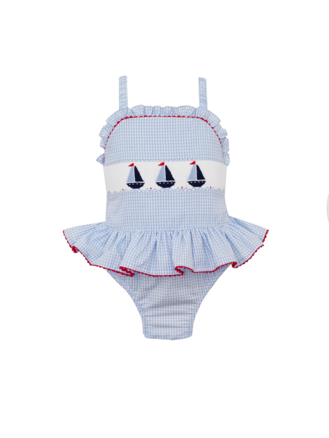Smocked Sailboat Swimsuit, Light Blue Gingham