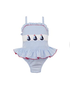 Smocked Sailboat Swimsuit, Light Blue Gingham