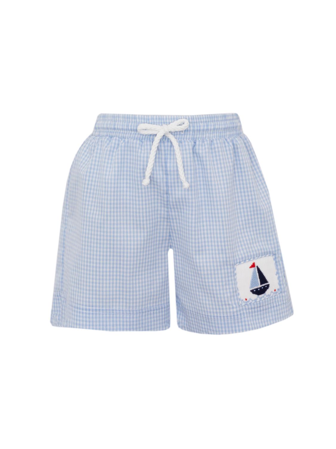 Sailboat Smocked Swim Trunks Light Blue Gingham