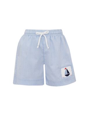 Sailboat Smocked Swim Trunks Light Blue Gingham