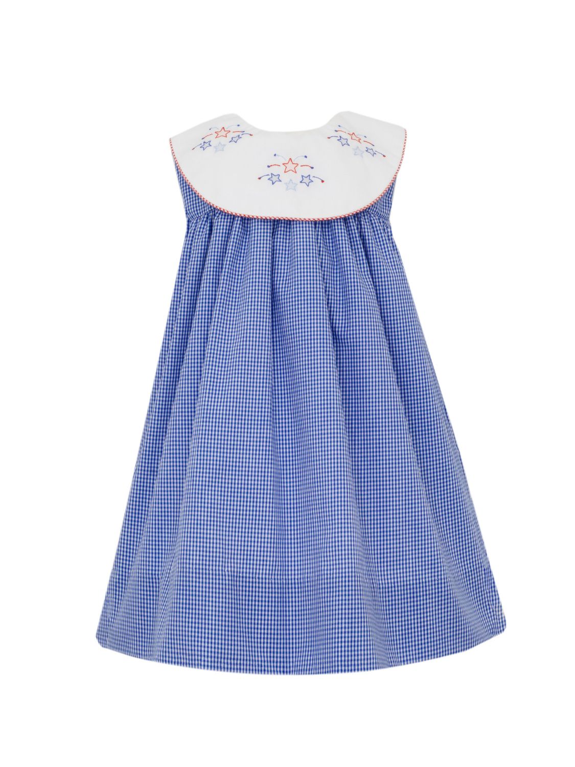 Blue Microcheck Dress with Round Collar, Stars