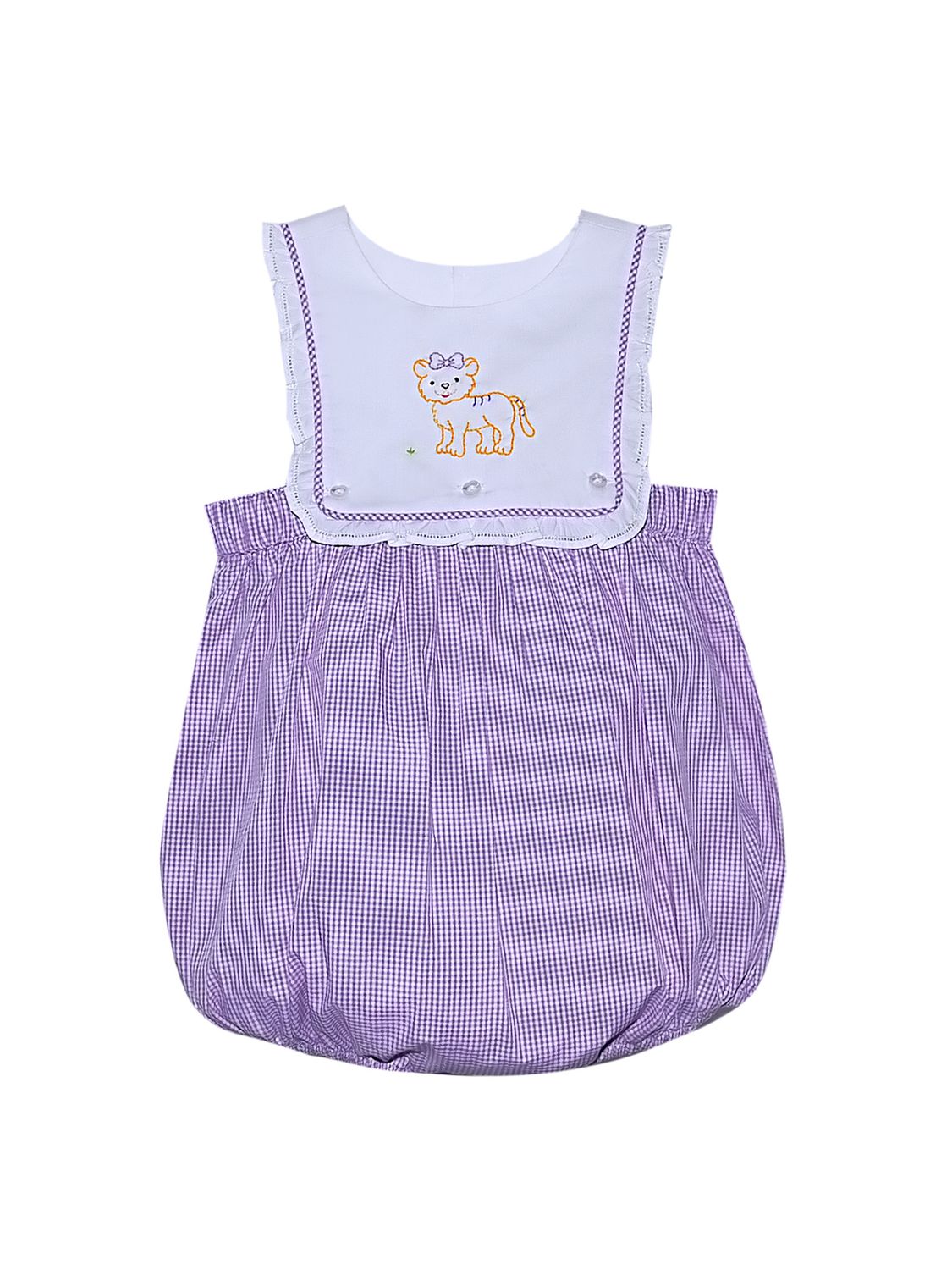 Purple Gingham Girl Bubble with Embroidered Tiger