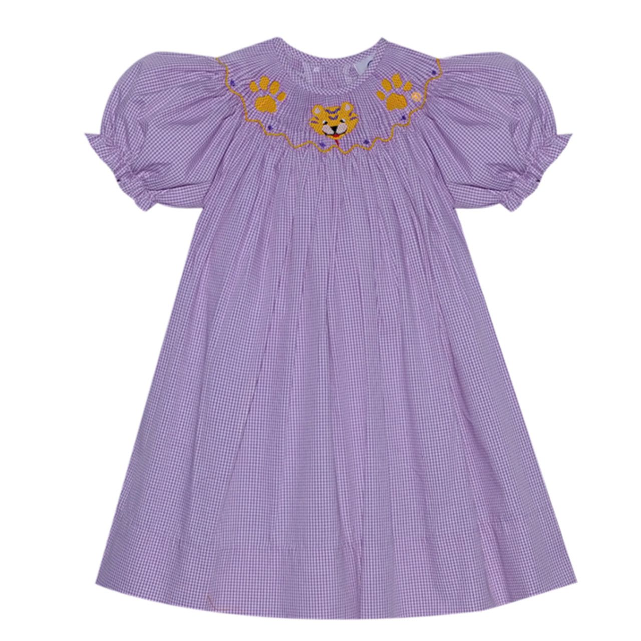 Purple Gingham Smocked Tiger/Paws Bishop Dress	