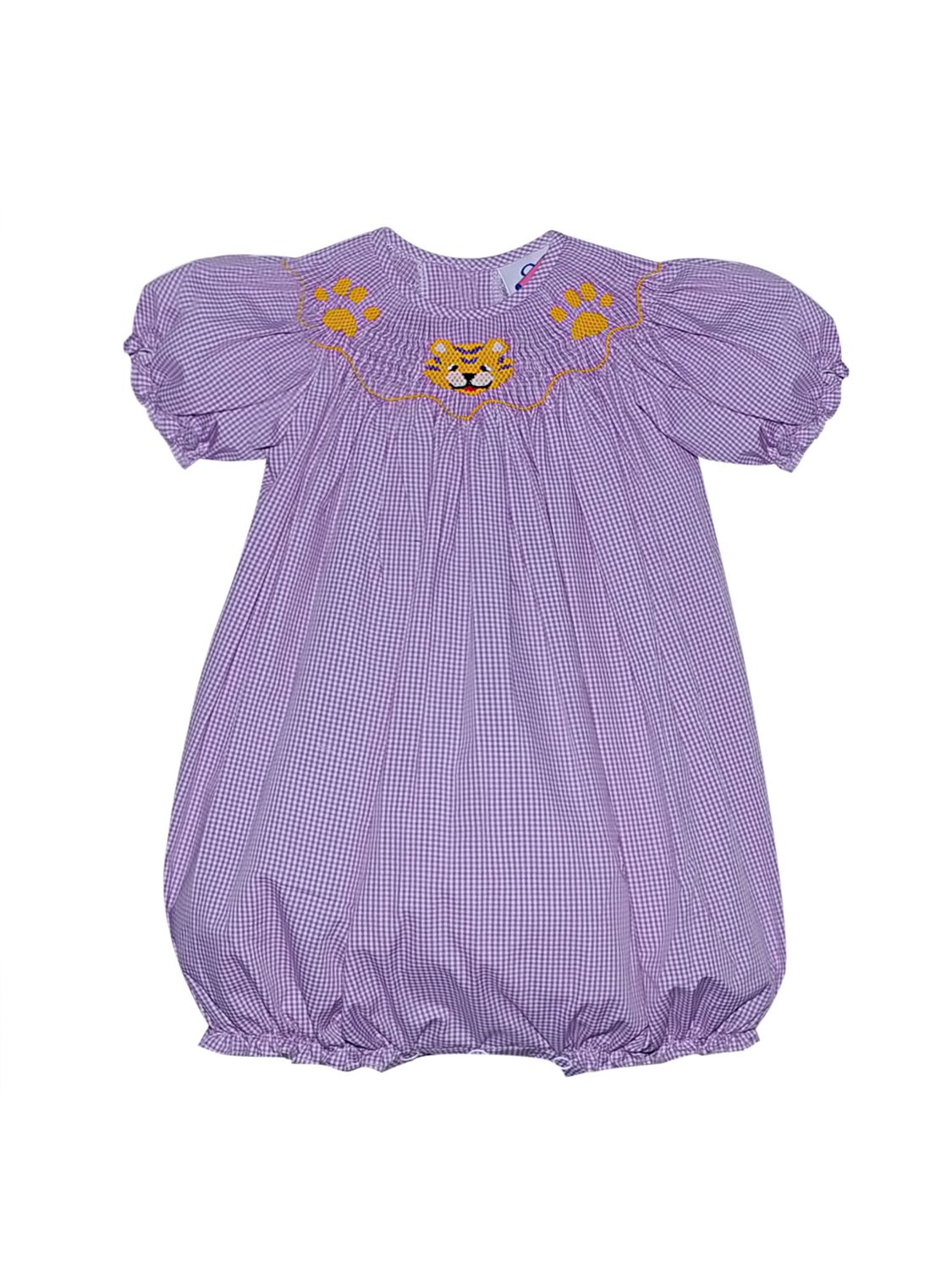 Purple Gingham Smocked Tiger/Paws Bishop Bubble	