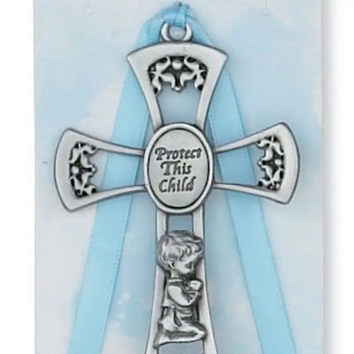 Baby Boy Crib Cross W/Blue Ribbon