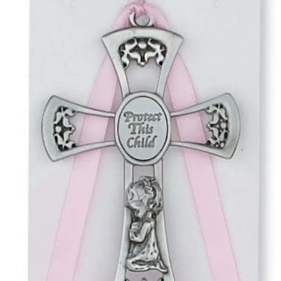 Baby Girl Crib Cross W/Pink Ribbon