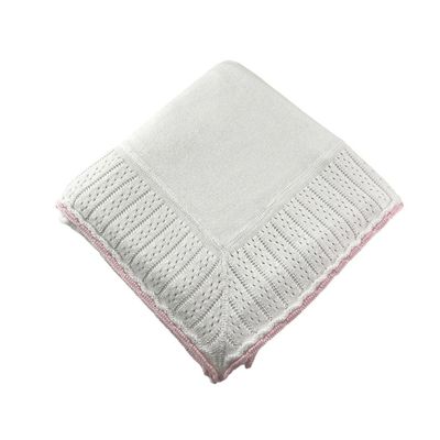 Knitted Baby Blanket W/Pointelle Border-White/Pink