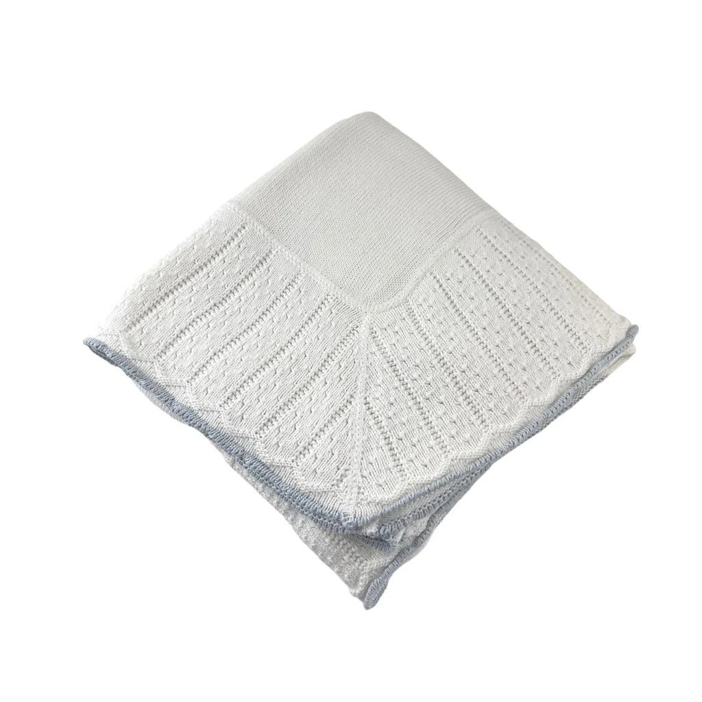 Knitted Baby Blanket W/Pointelle Border-White/Blue
