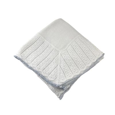 Knitted Baby Blanket W/Pointelle Border-White/Blue