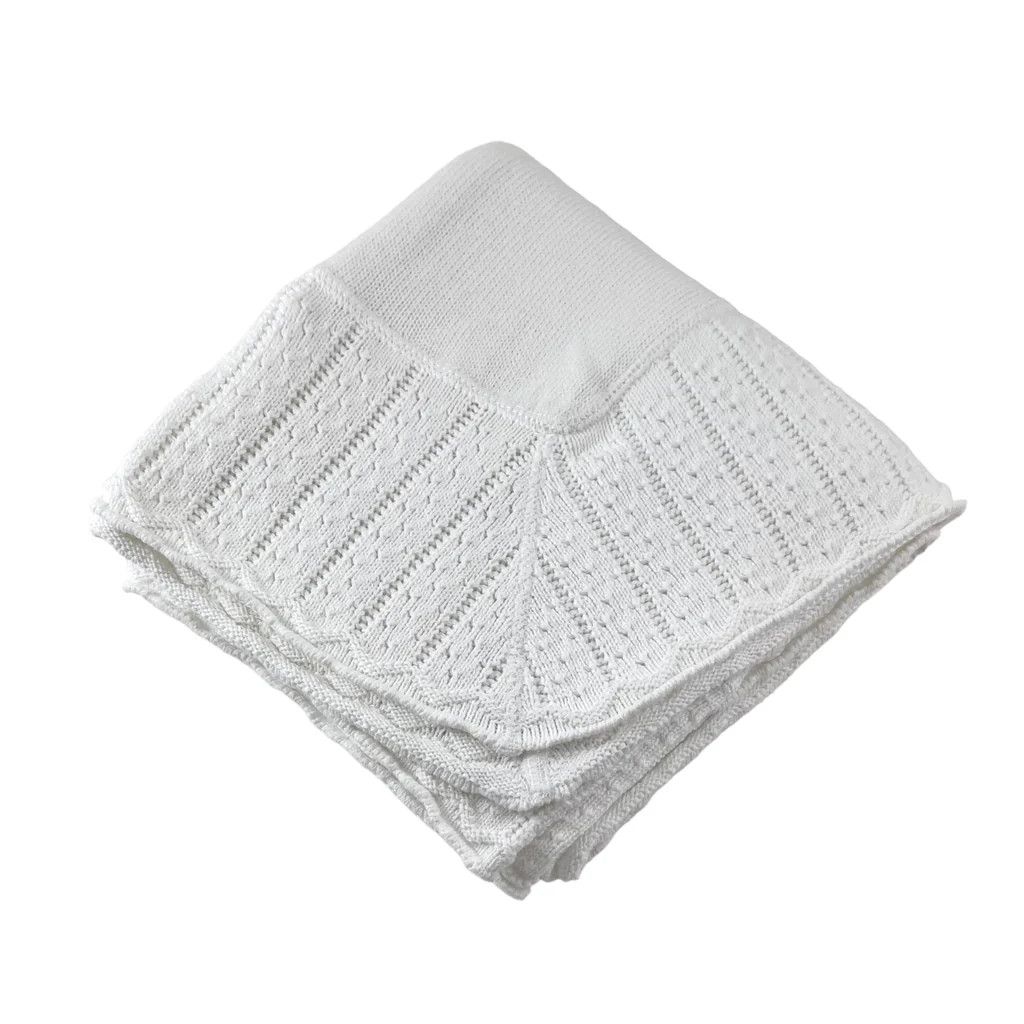 Knitted Baby Blanket W/Pointelle Border-White/White
