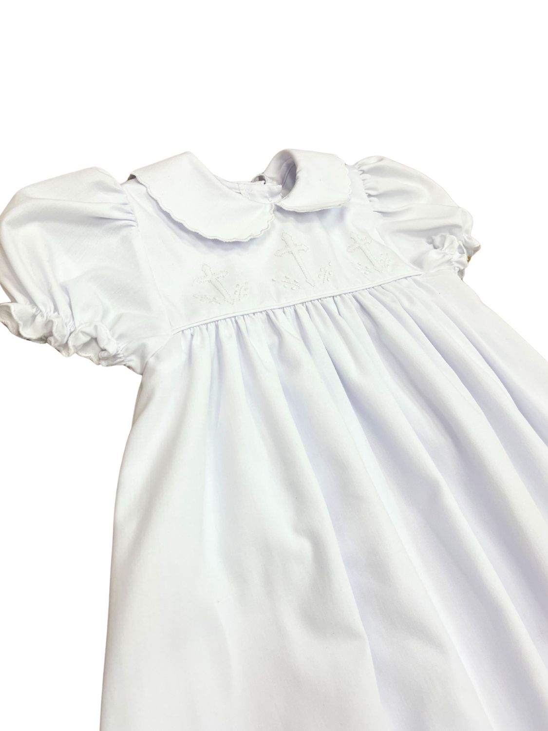 Scallop Collar Christening Gown White Crosses