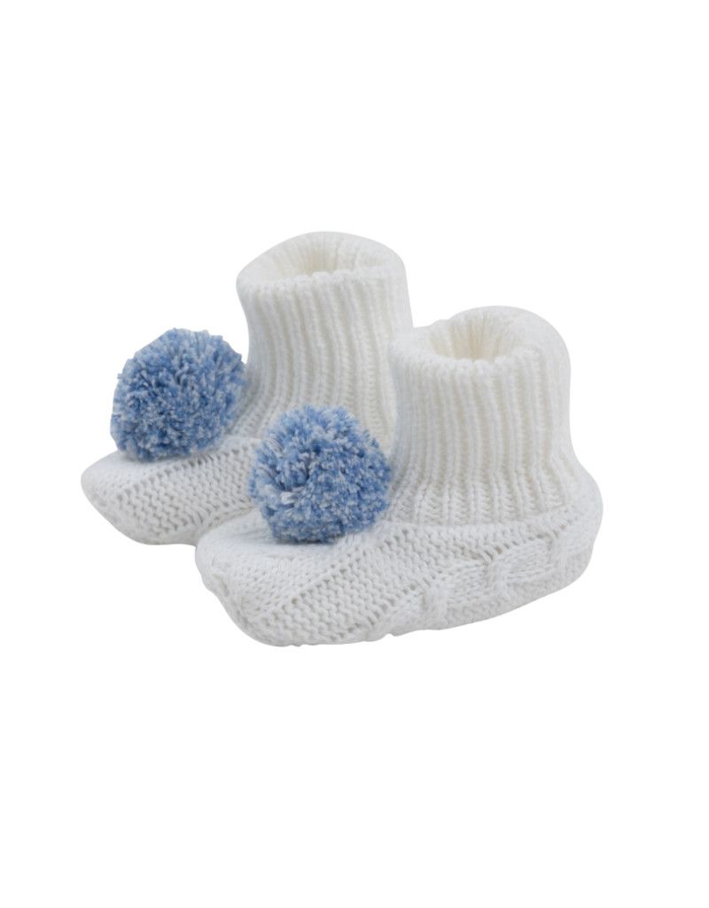 Bryer Bootie White with Blue Pom Poms