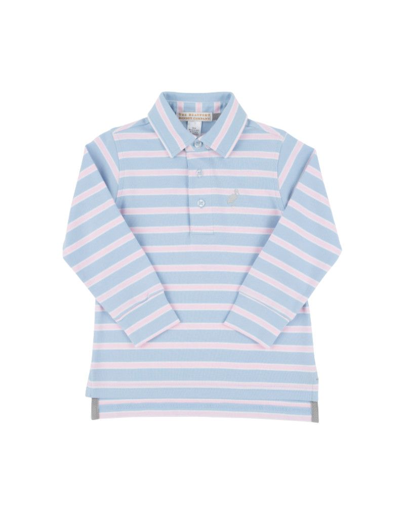 Prim &amp; Proper LS Pima Polo, Beale St Blue and Pink Stripe