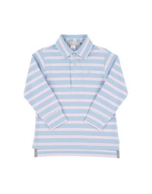 Prim &amp; Proper LS Pima Polo, Beale St Blue and Pink Stripe