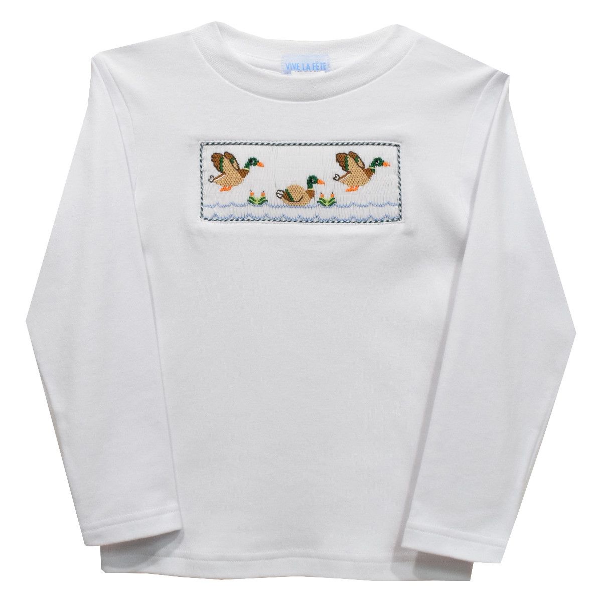 Mallard Ducks Smocked LS Tshirt, White