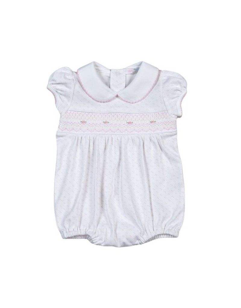 Sally Pink Dots Hand Smocked Pima Bubble