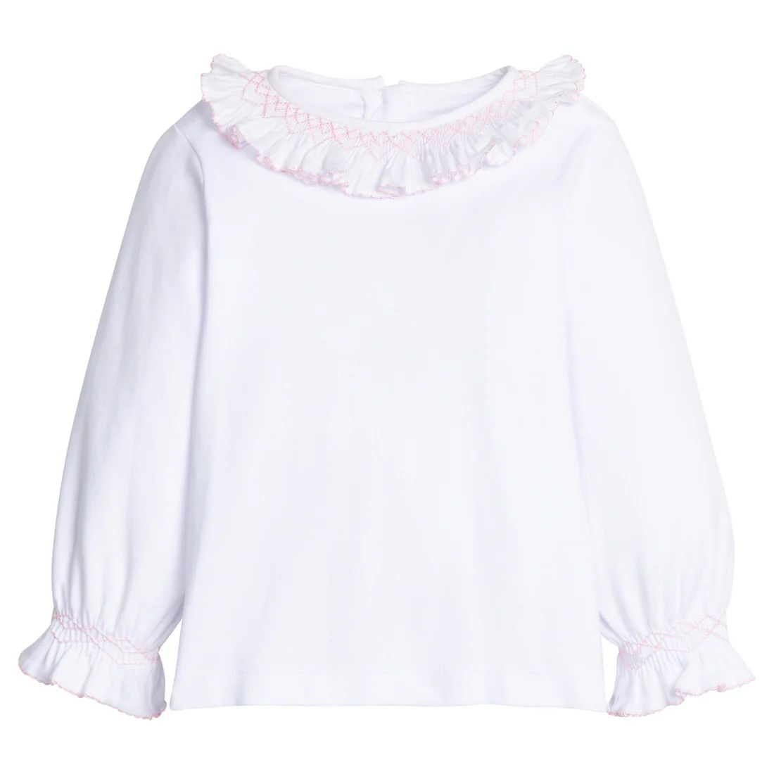 Smocked Madeline Blouse, White with Light Pink