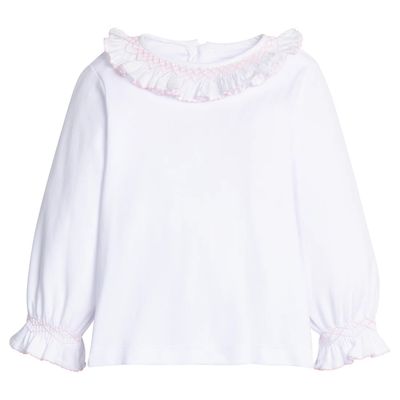 Smocked Madeline Blouse, White with Light Pink
