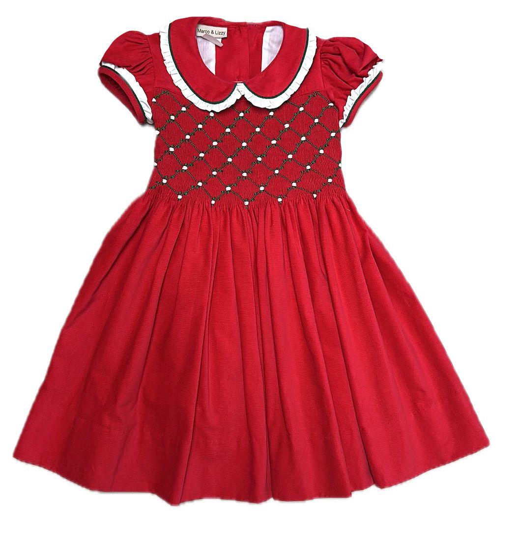 Red Cord Smocked Dress, Christmas