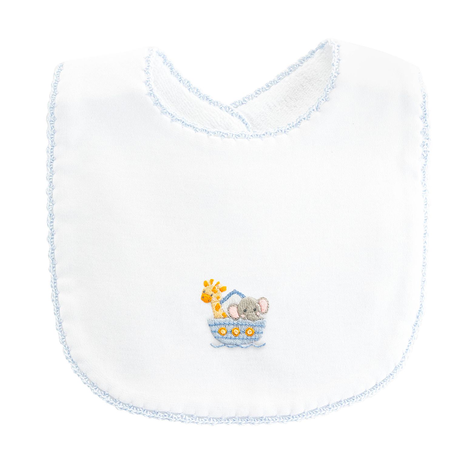 Noah&#39;s Ark Bib w/Crochet Trim, Blue