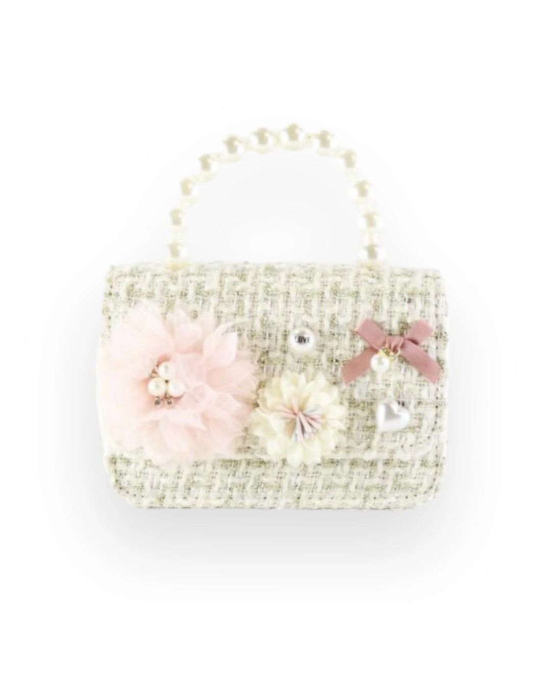 Floral Appliques Tweed Purse Beige