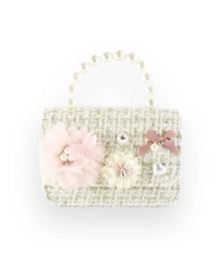 Floral Appliques Tweed Purse Beige