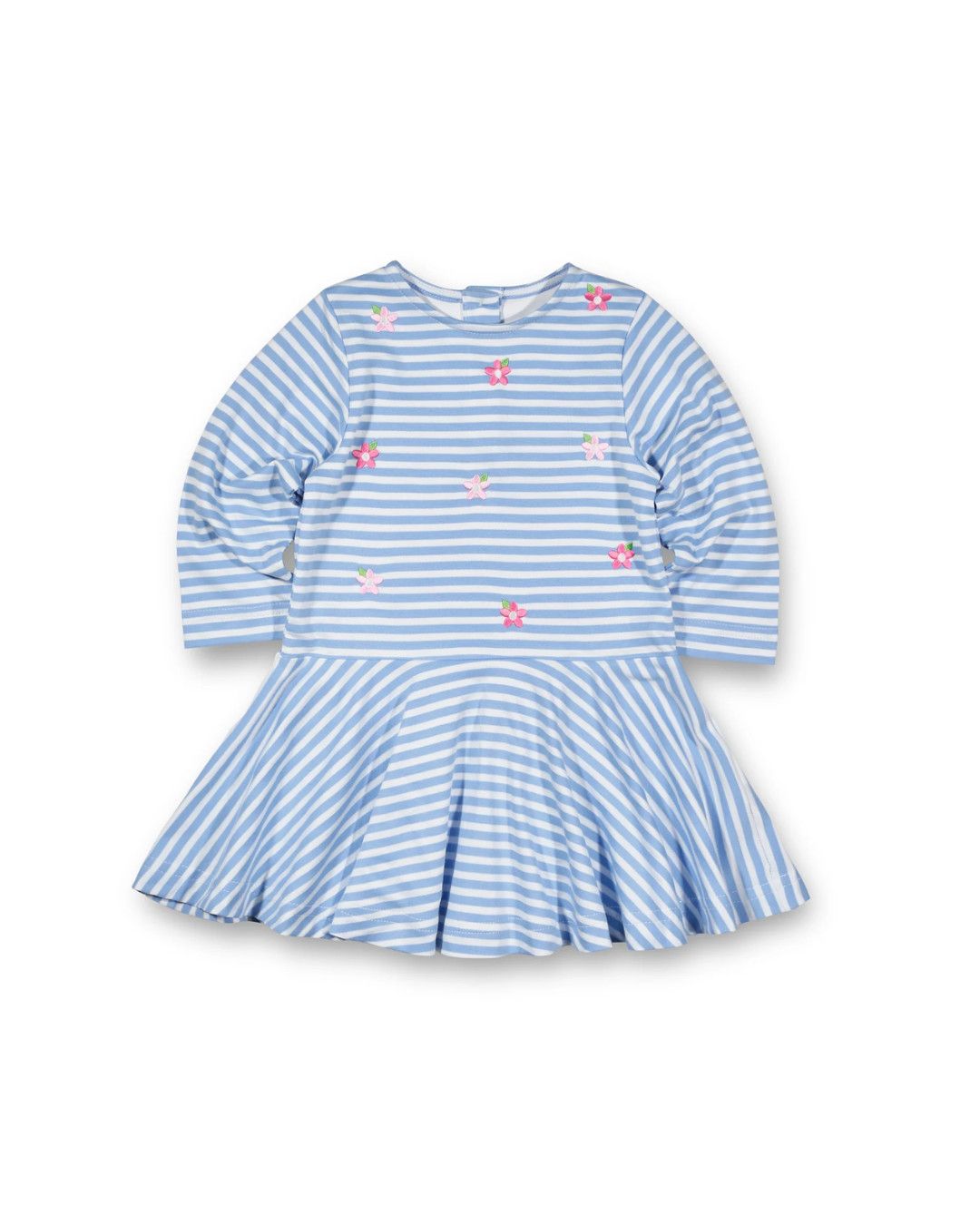 Blue Stripe Knit Dress w/Embroidered Flowers