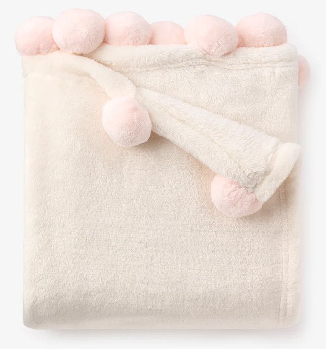 Flannel Fleece Pom Blanket, Pink