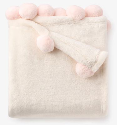 Flannel Fleece Pom Blanket, Pink