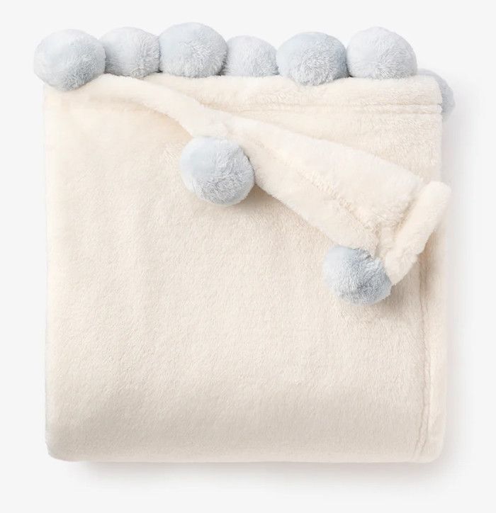 Flannel Fleece Pom Blanket, Blue