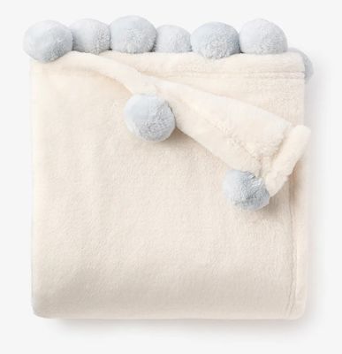 Flannel Fleece Pom Blanket, Blue