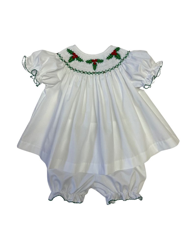 Emma Christmas Smocked Bloomer Set, Green Accents