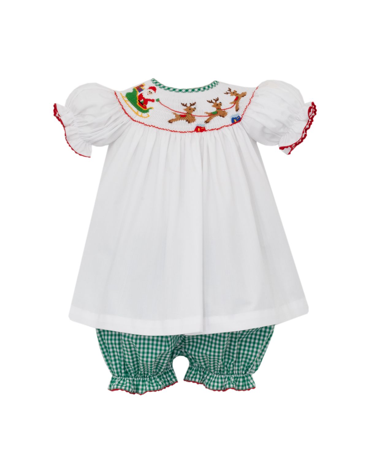 Santa&#39;s Sleigh Green Gingham Bloomer Set